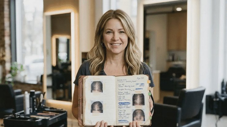 Coiffeuse tenant son carnet de clientes dans son salon