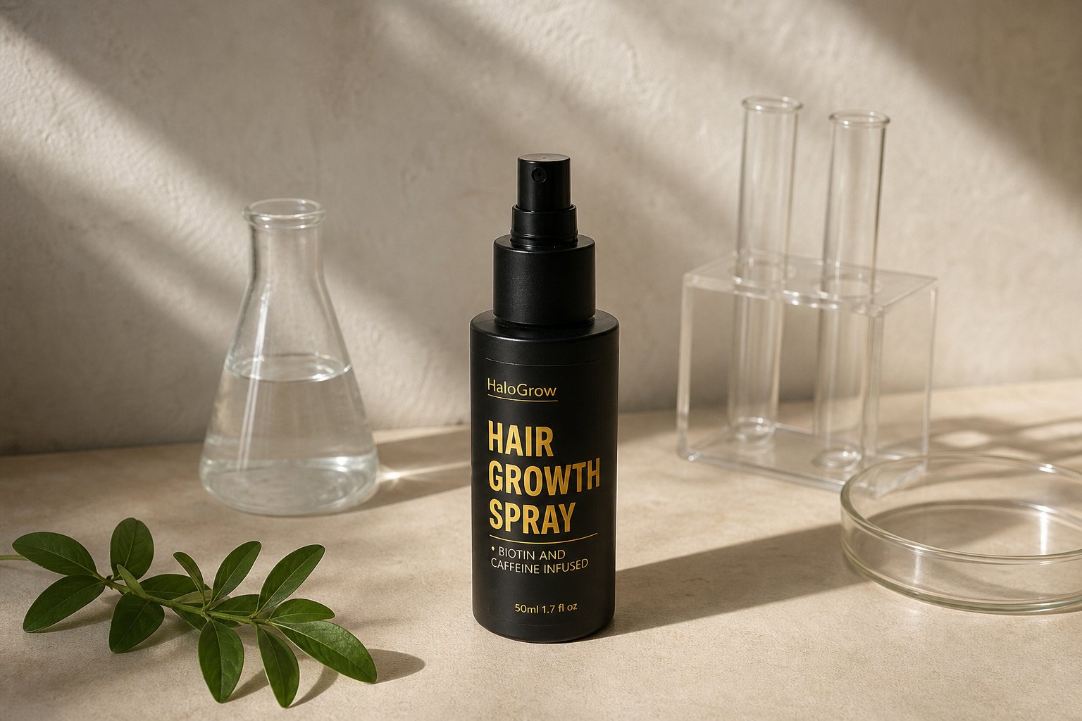 Le spray HaloGrow entouré de verrerie de laboratoire