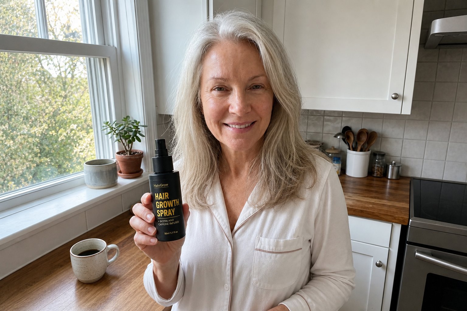 Une femme tenant le spray HaloGrow dans sa cuisine