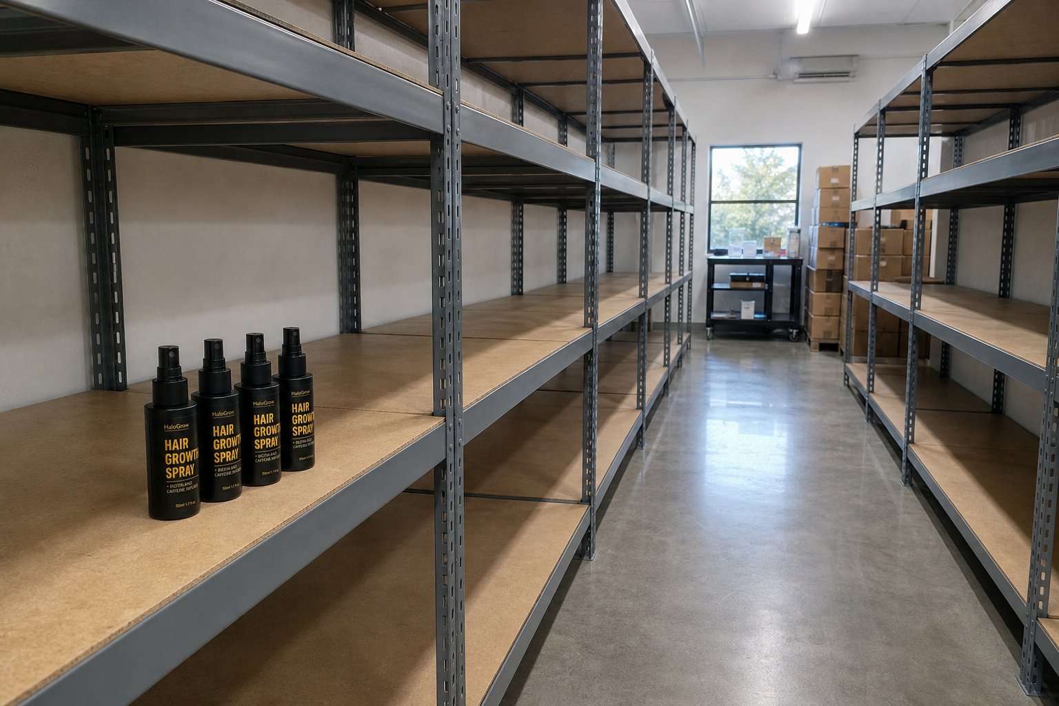 Étagères d'entrepôt presque vides, quelques flacons HaloGrow restants